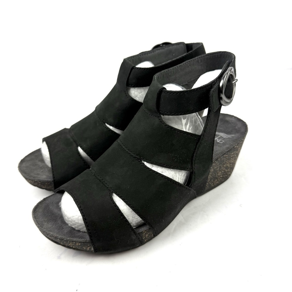 Dansko Sera Sandals 37 Black Nubuck Leather Comfort Shoes Cork Heel Wedge